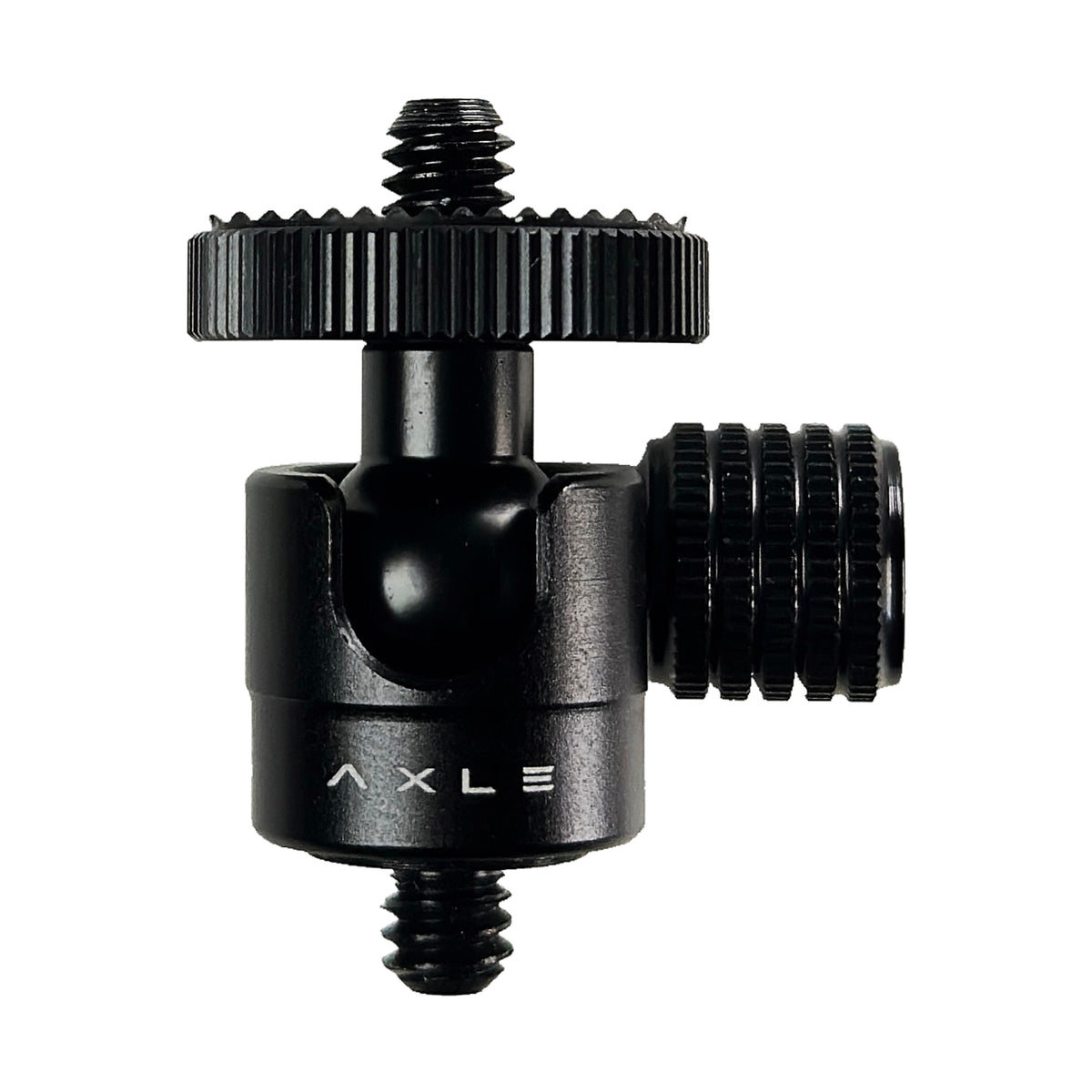 AXLE Ball Head front view with locking knob and quarter-inch screws