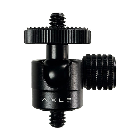 AXLE Ball Head front view with locking knob and quarter-inch screws