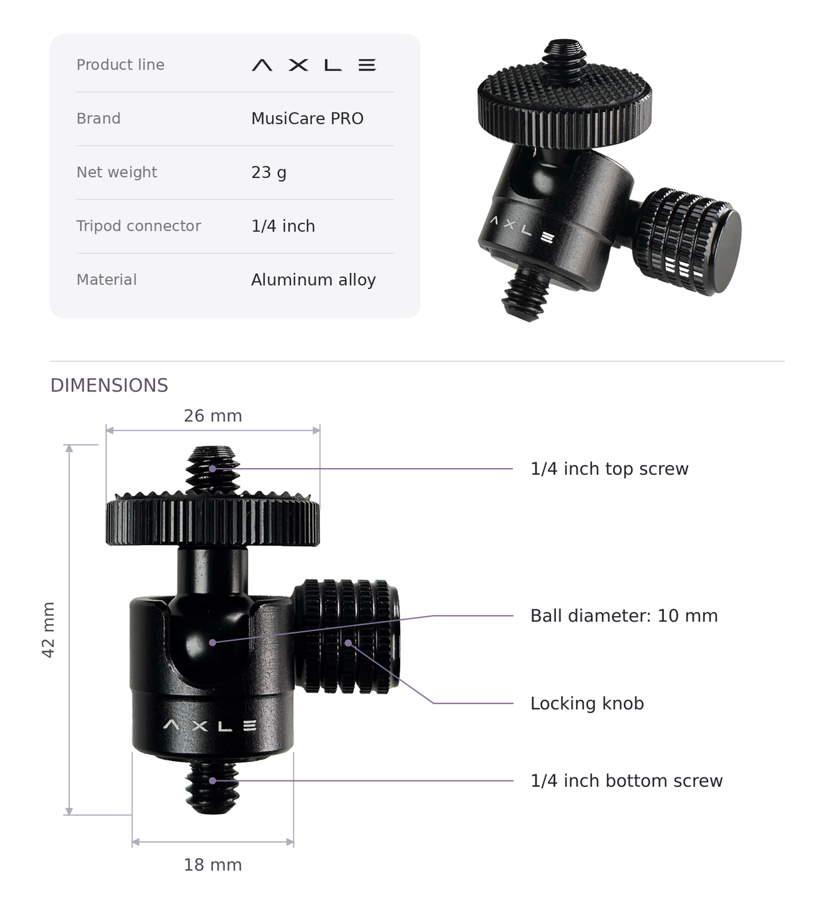 AXLE Ball Head specification sheet with dimensions and quarter-inch top and bottom screws