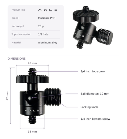AXLE Ball Head specification sheet with dimensions and quarter-inch top and bottom screws